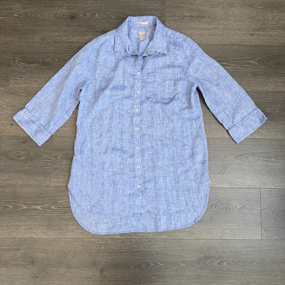 Chicos Button Front Shirt Women S Blue 100% Linen No Iron Lagenlook Minimalist